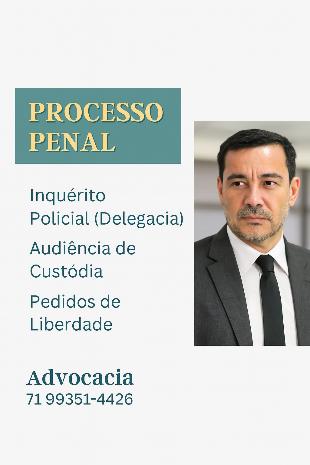 Processo Penal: Ilustração com Advogado e lista de serviços como Inquérito Policial, Audiência de Custódia, Pedidos de Liberdade.